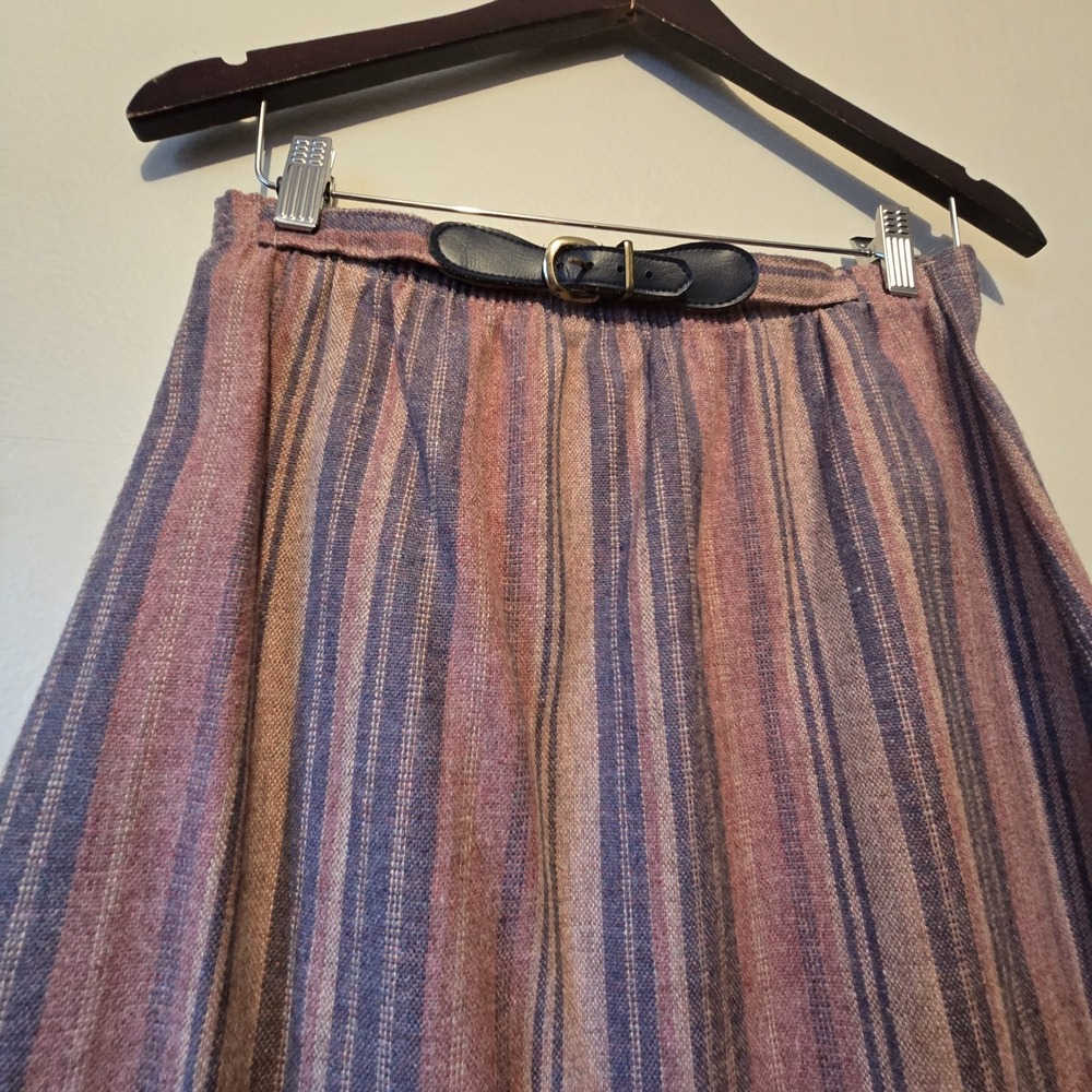 Vintage 80s Long Wool Maxi Skirt Women's‎ SM Mauve Stripe Belt Preppy Academia - Picture 2 of 9